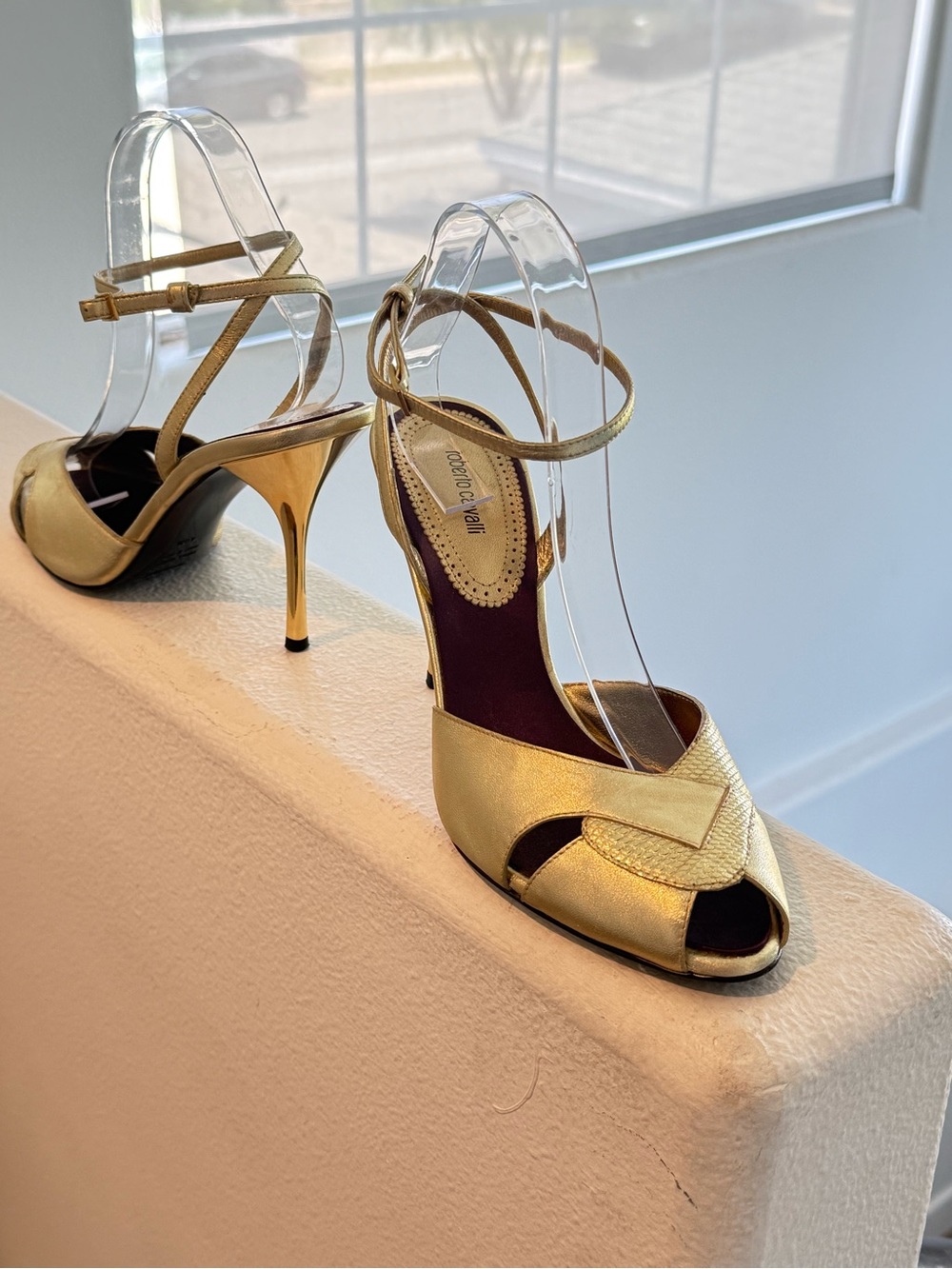 Gold Metallic Peep-Toe Ankle-Strap Heels by Roberto Cavalli size 40 Euro
